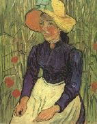 Vincent Van Gogh Young Peasant Woman with Straw Hat Sitting in the Wheat (nn04) oil